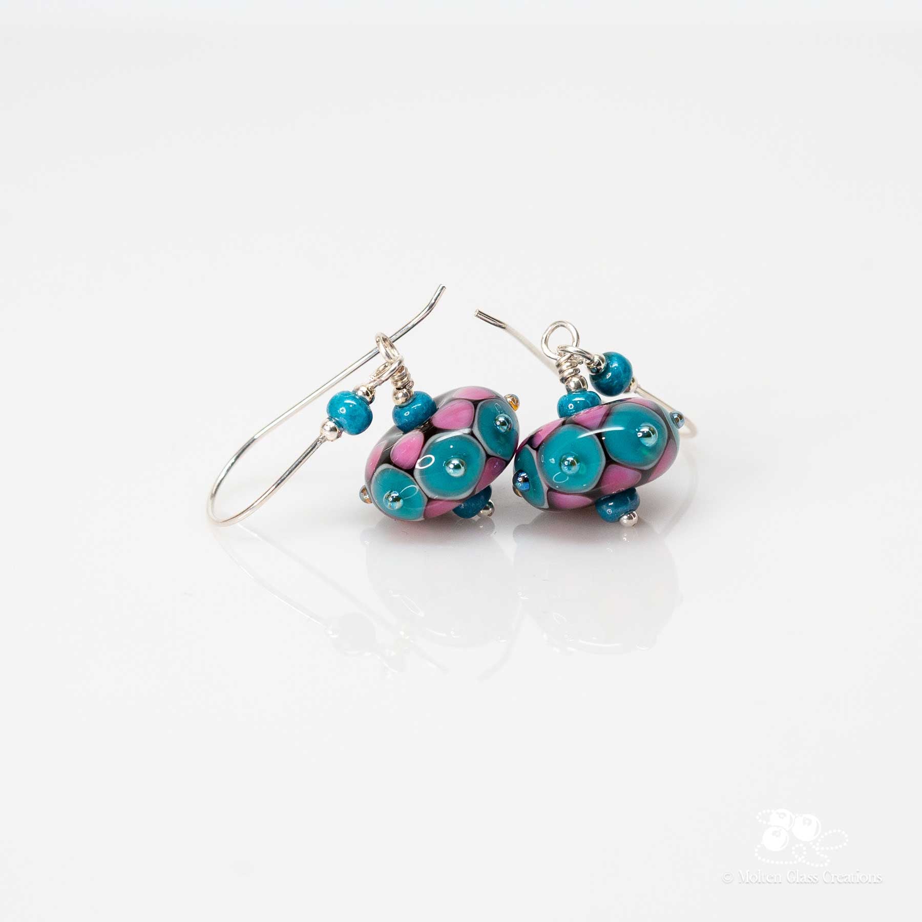 Blue & Pink Dotted Disc Earrings - Molten Glass Creations