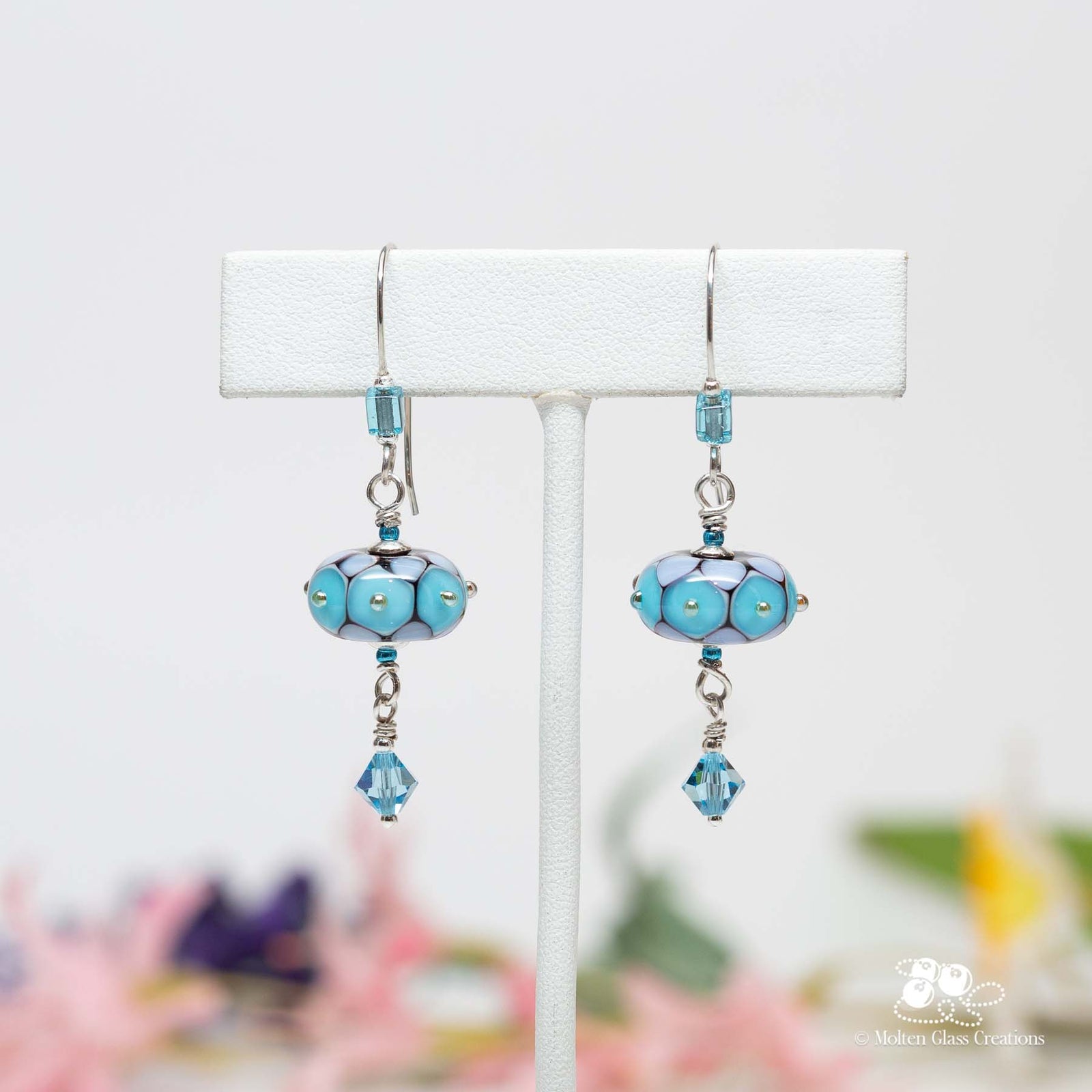 Aqua Blue & Lavender Dotted Disc Earrings