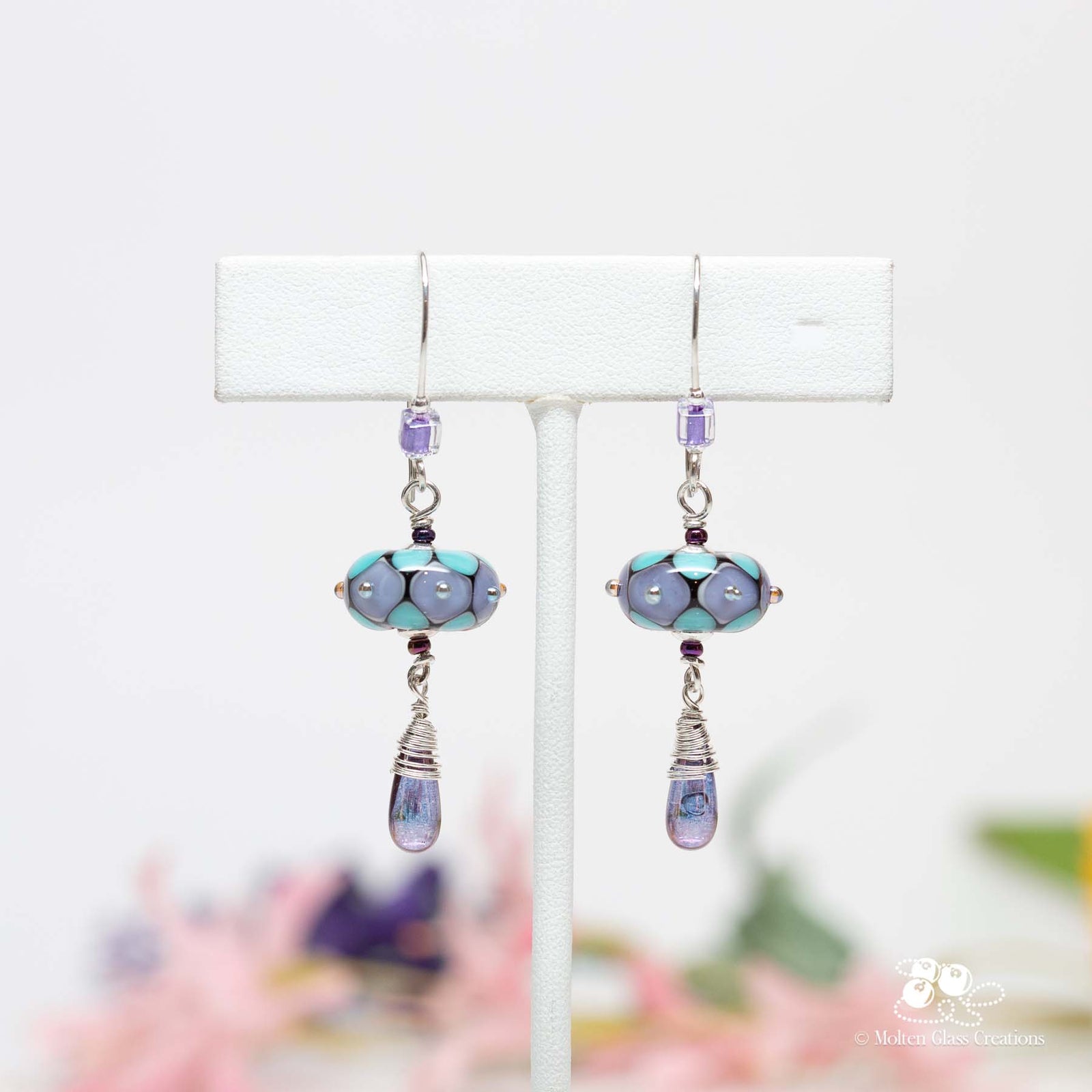 Dark Lavender & Aqua Blue Dotted Disc Earrings
