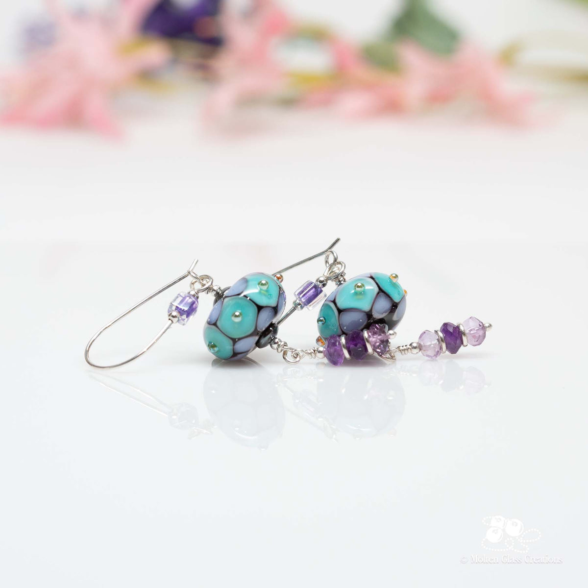 Teal &amp; Lavender Dotted Disc Earrings