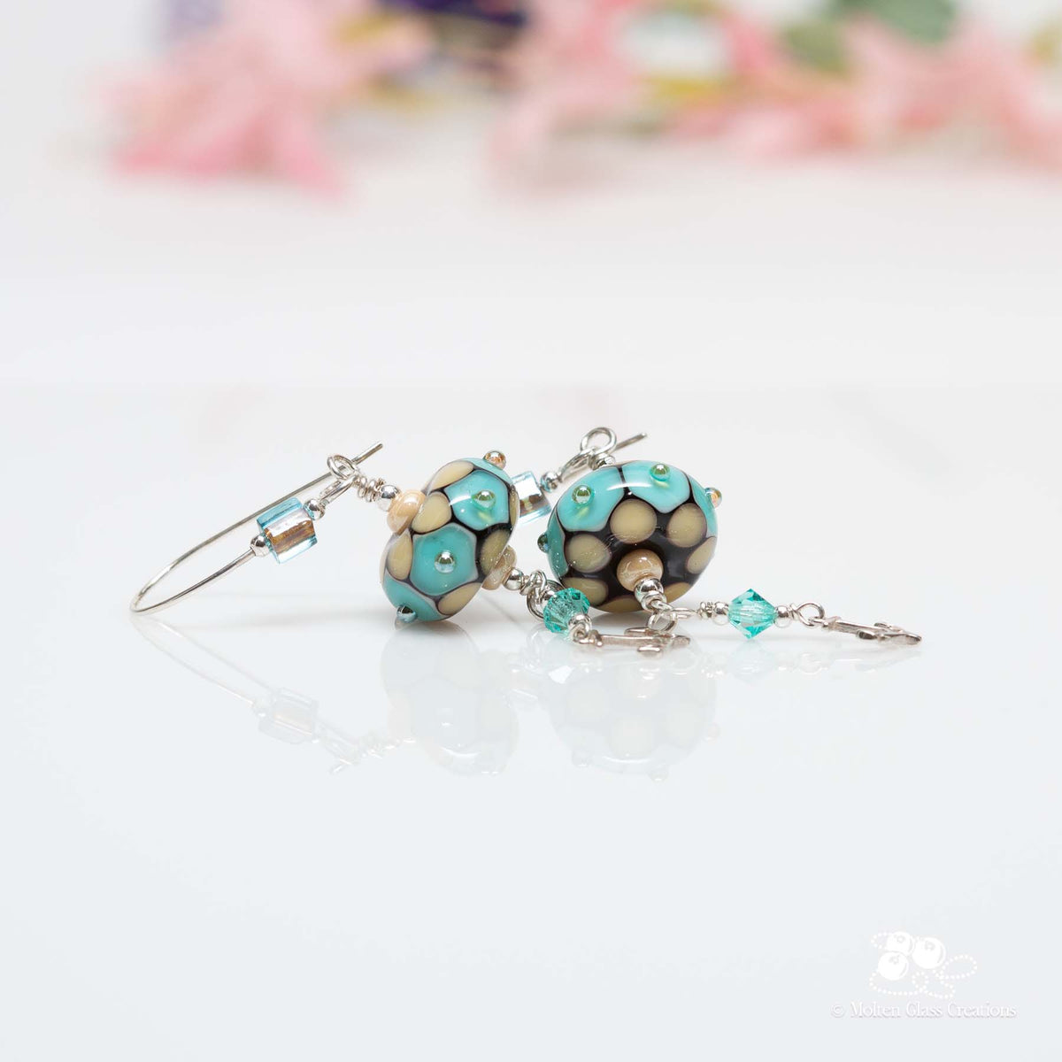 Teal &amp; Light Amber Dotted Disc Earrings