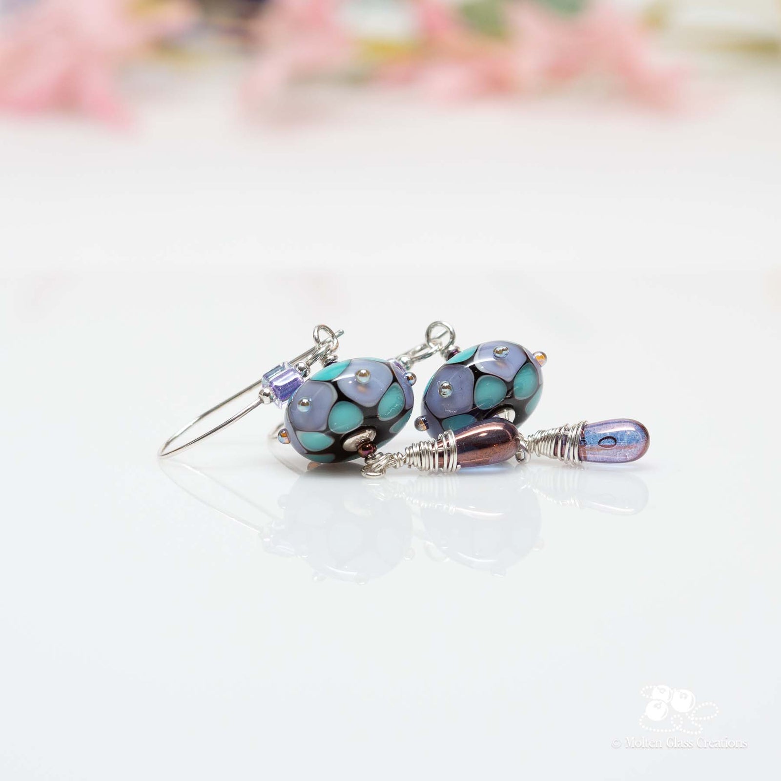 Dark Lavender & Aqua Blue Dotted Disc Earrings