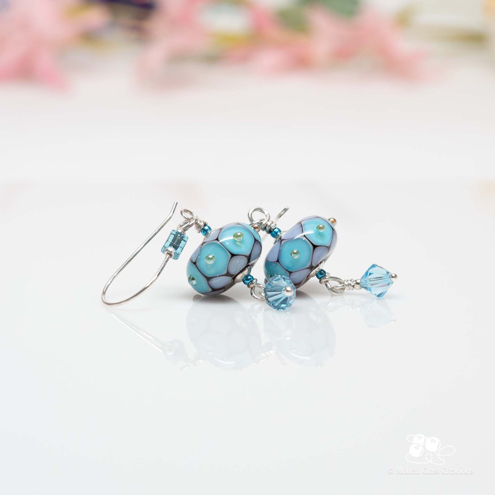 Aqua Blue & Lavender Dotted Disc Earrings