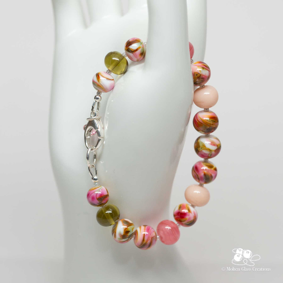 Soft Pink and Sage Glass Bracelet