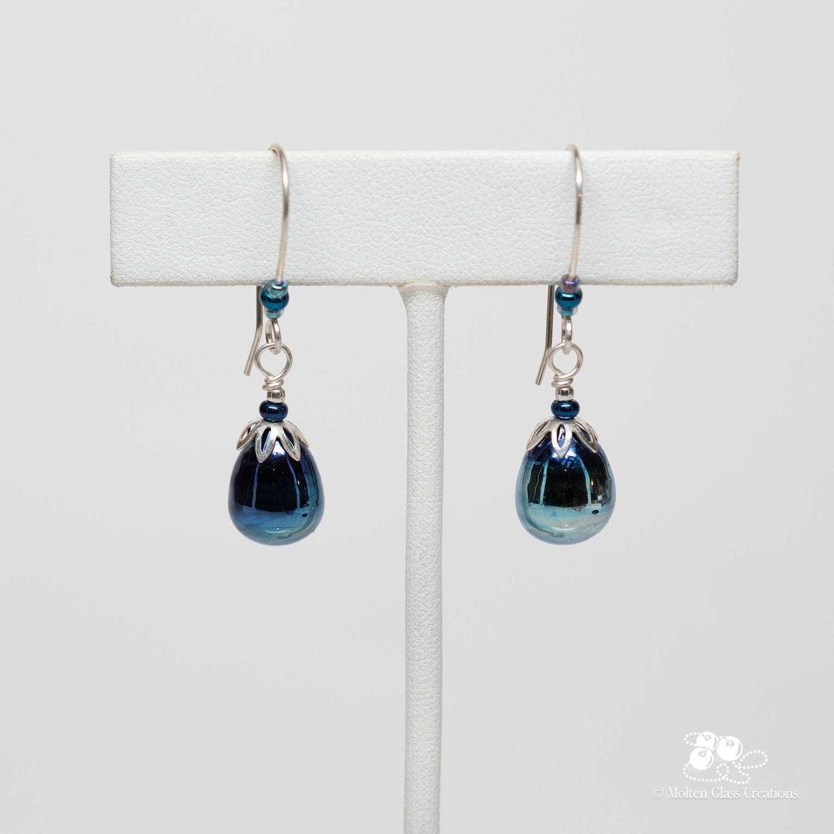 Metallic Blue Teardrop Glass Earrings