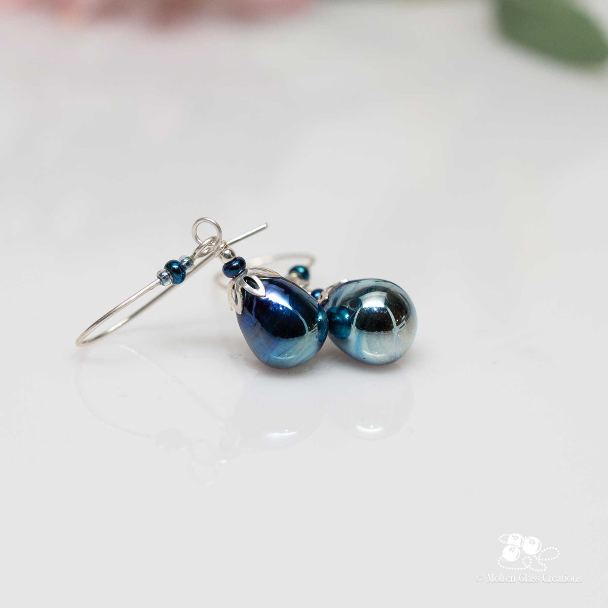 Metallic Blue Teardrop Glass Earrings