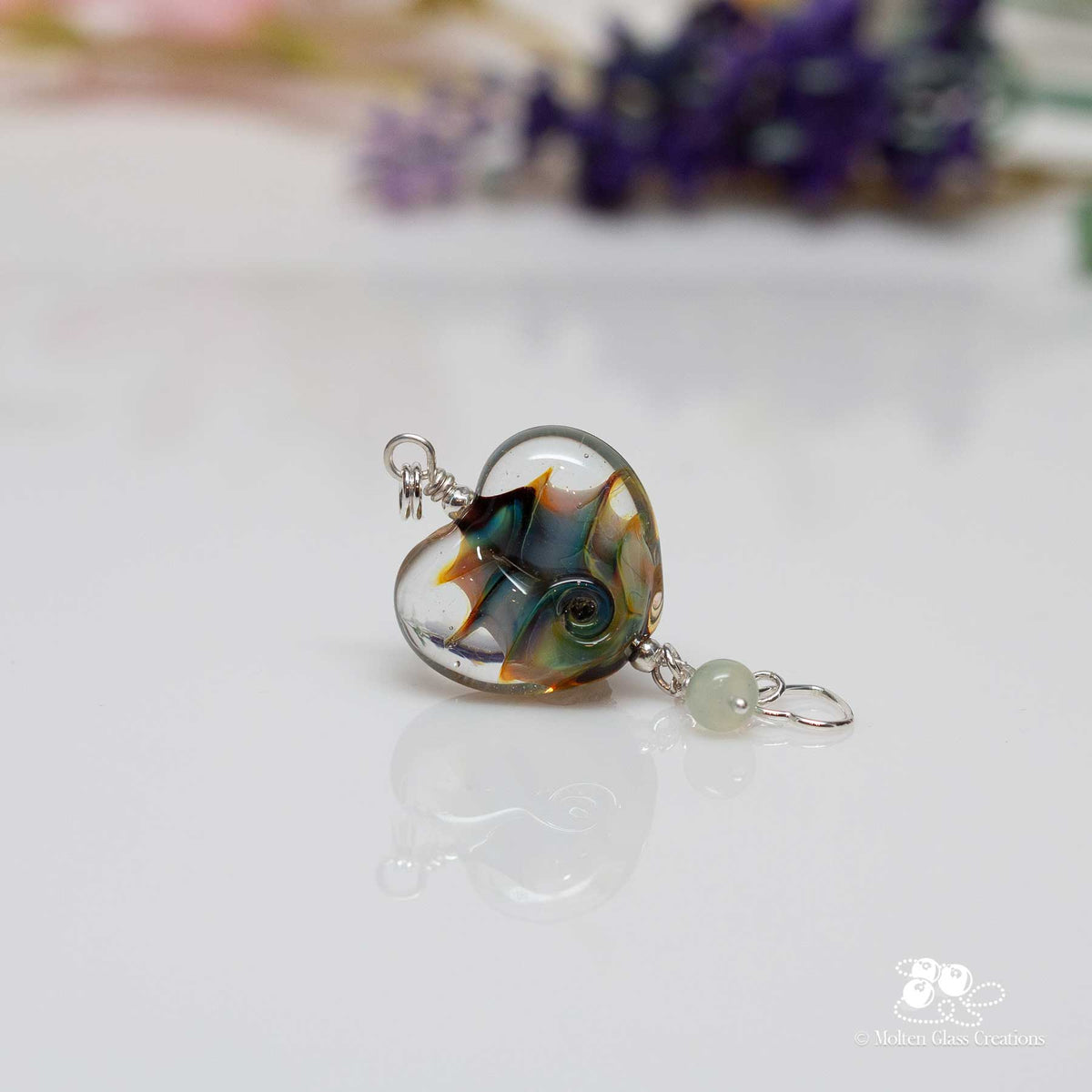 Amber Blue Tornado Glass Heart Pendant