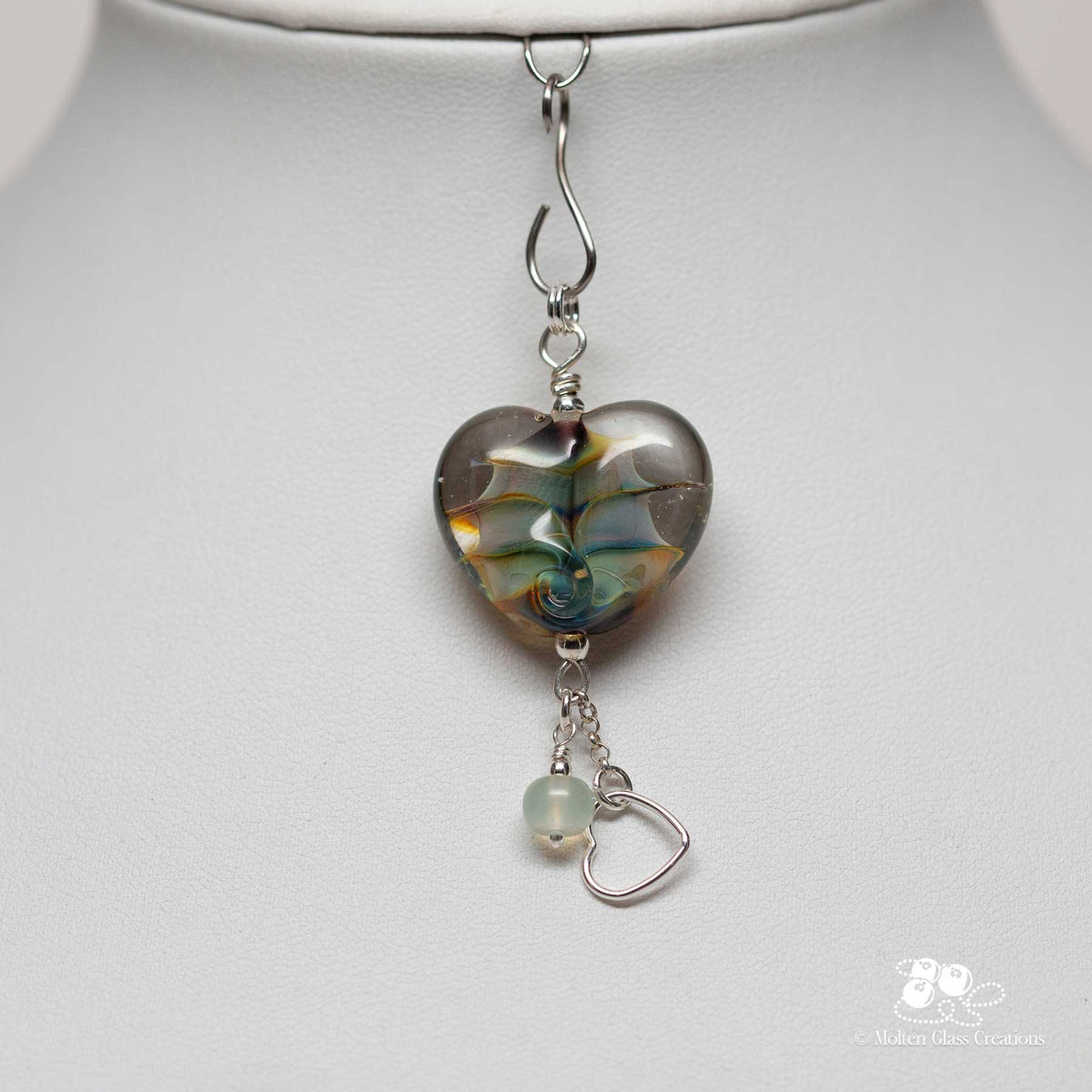 Amber Blue Tornado Glass Heart Pendant