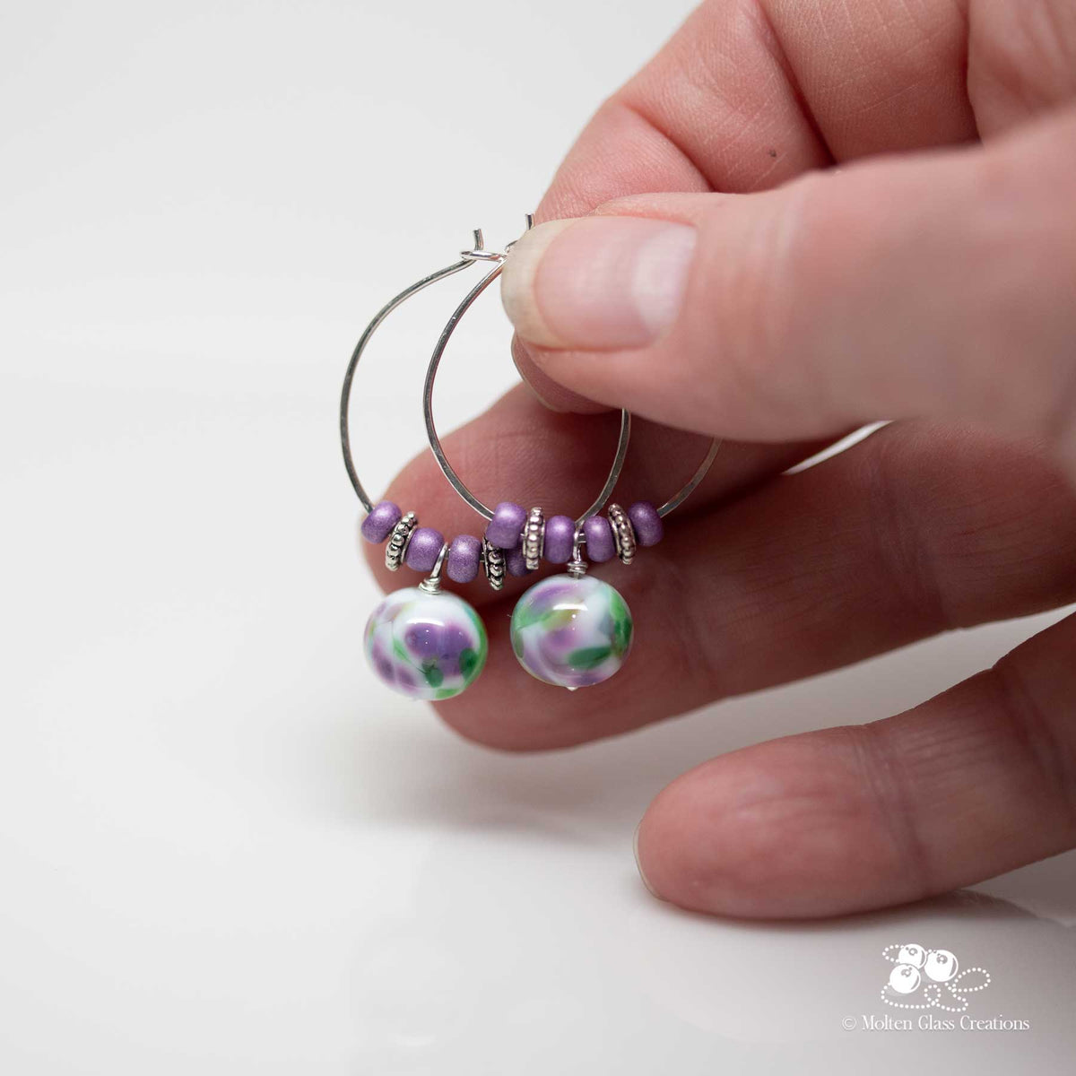 Purple & Green Lampwork Hoop Earrings