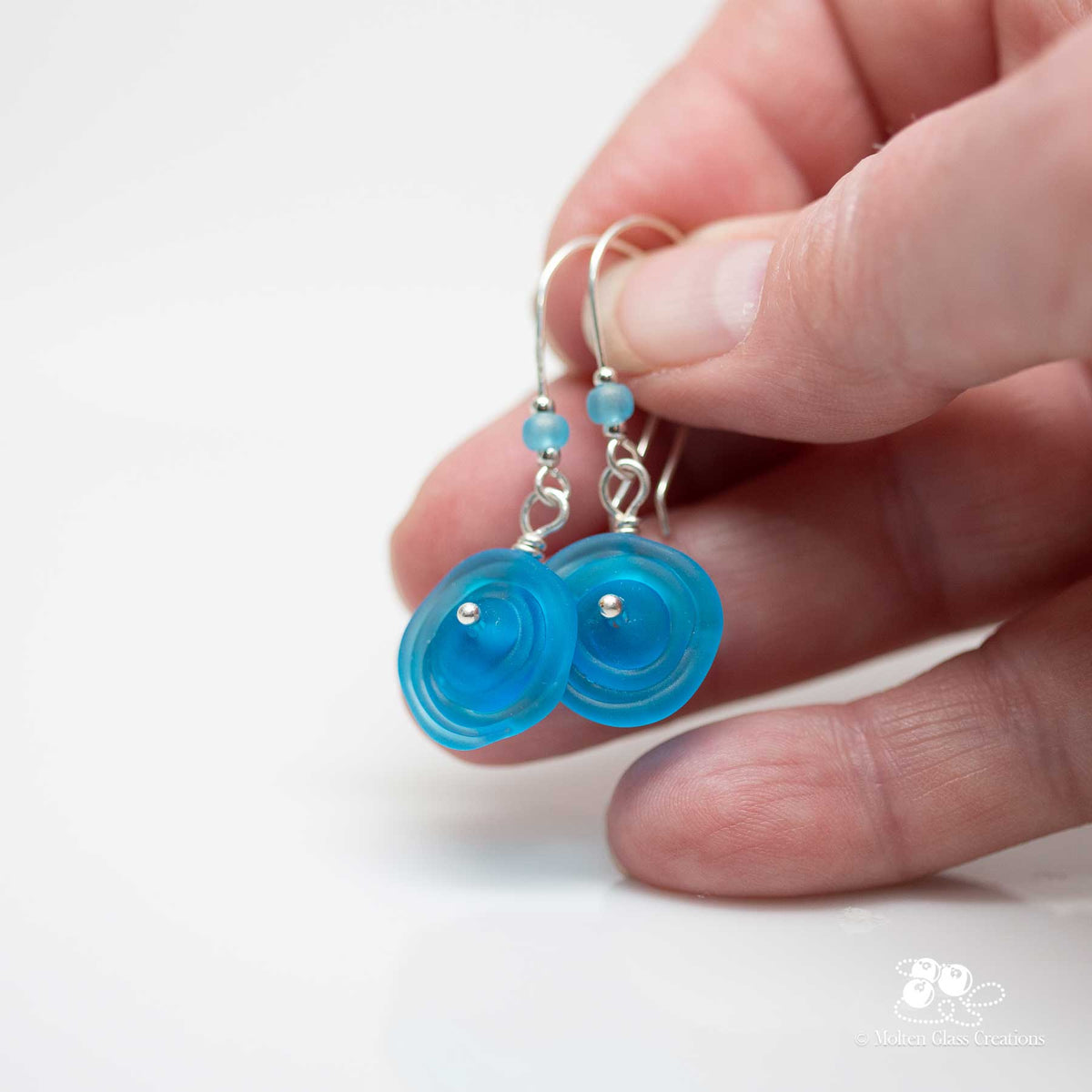 Blue Sea Glass Disc Earrings