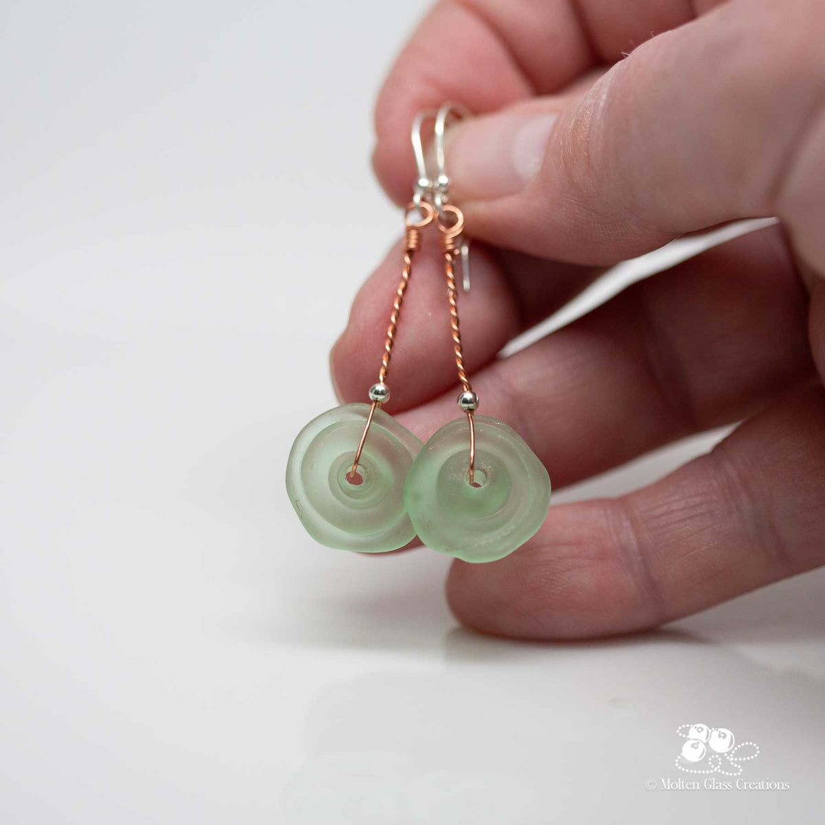 Pale Green Sea Glass Disc Earrings