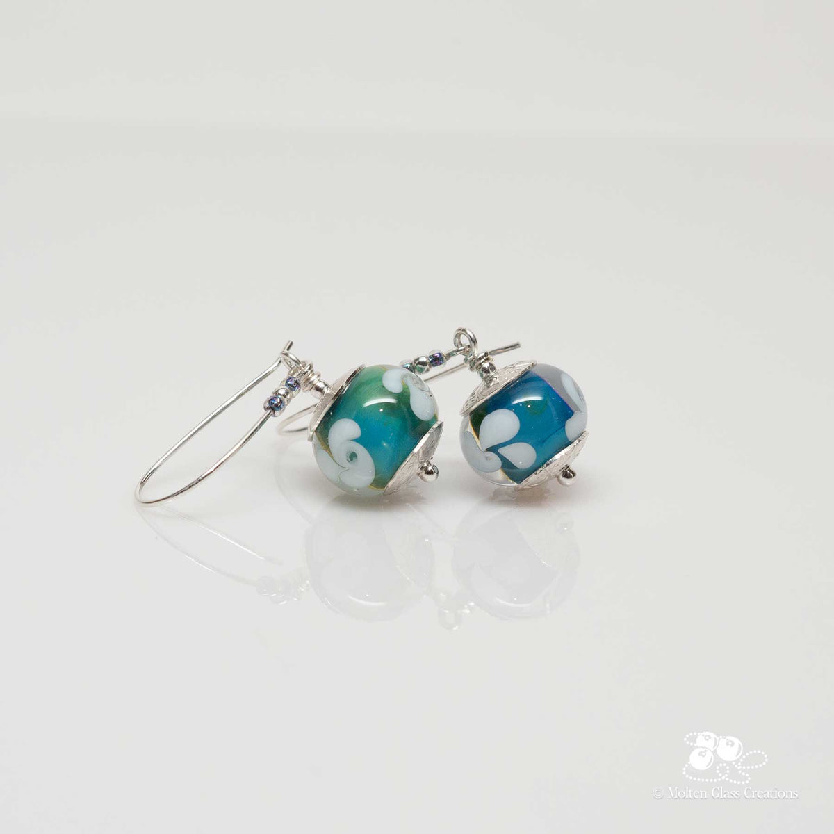 Blue Green Pinwheel Glass Bead Earrings