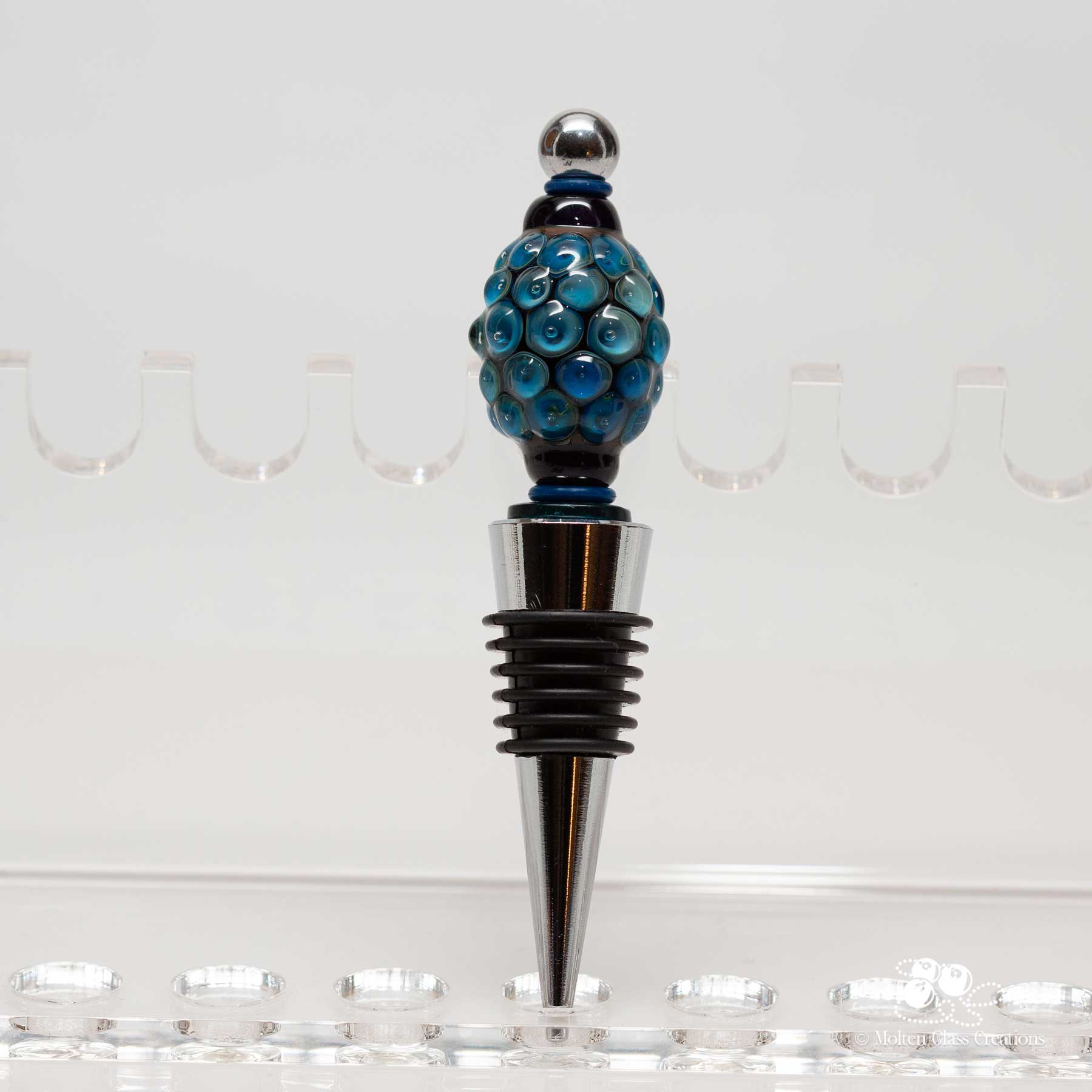 handmade glass bead wine bottle stopper with blue raised dots