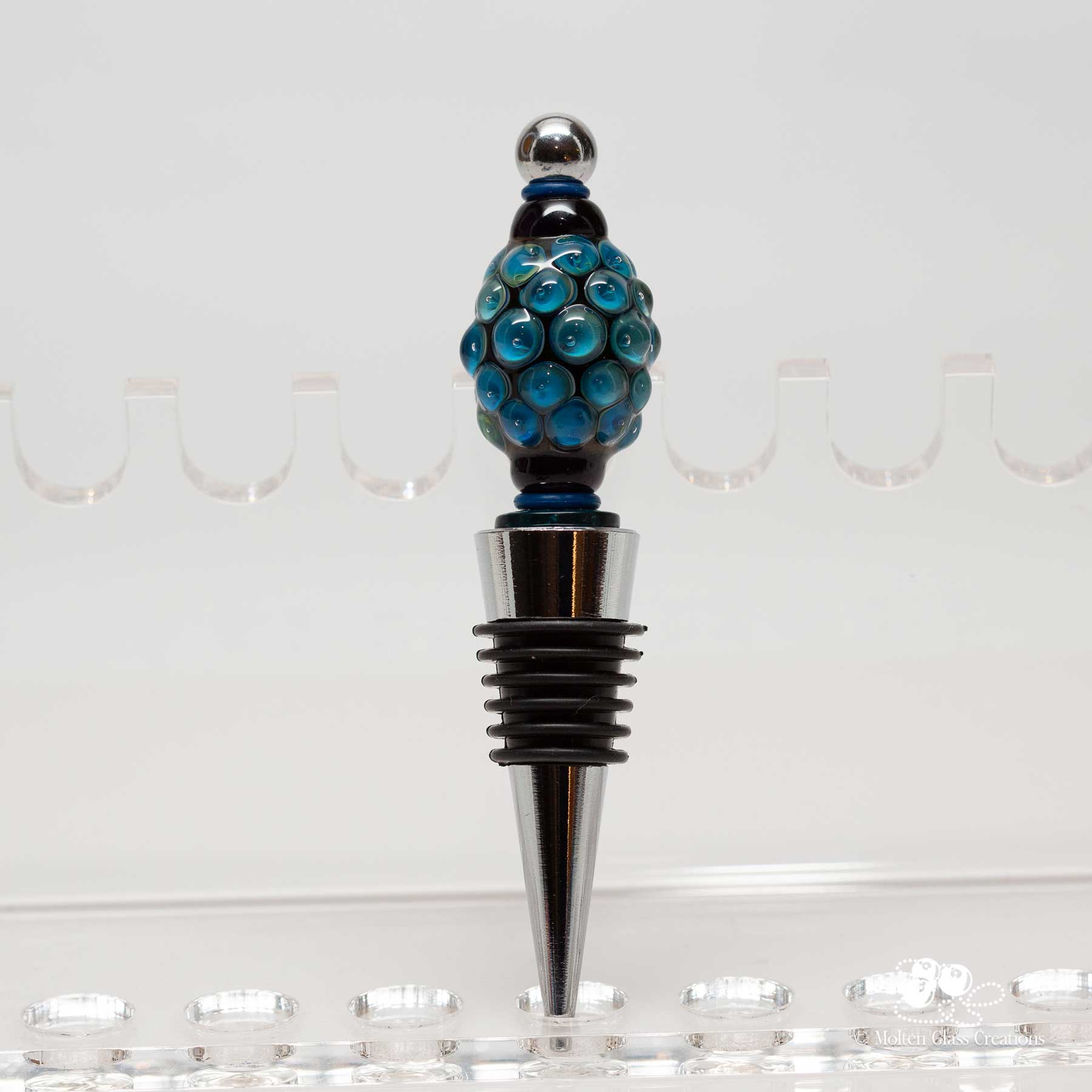 handmade glass bead wine bottle stopper with blue raised dots