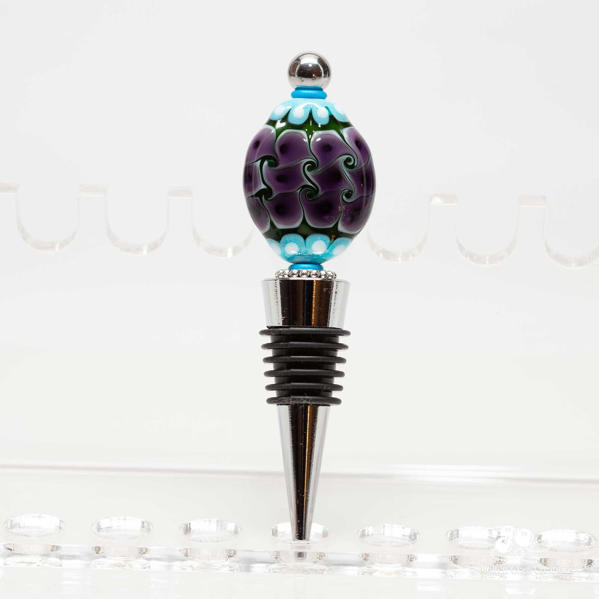 handmade glass bead wine bottle stopper with purple twists