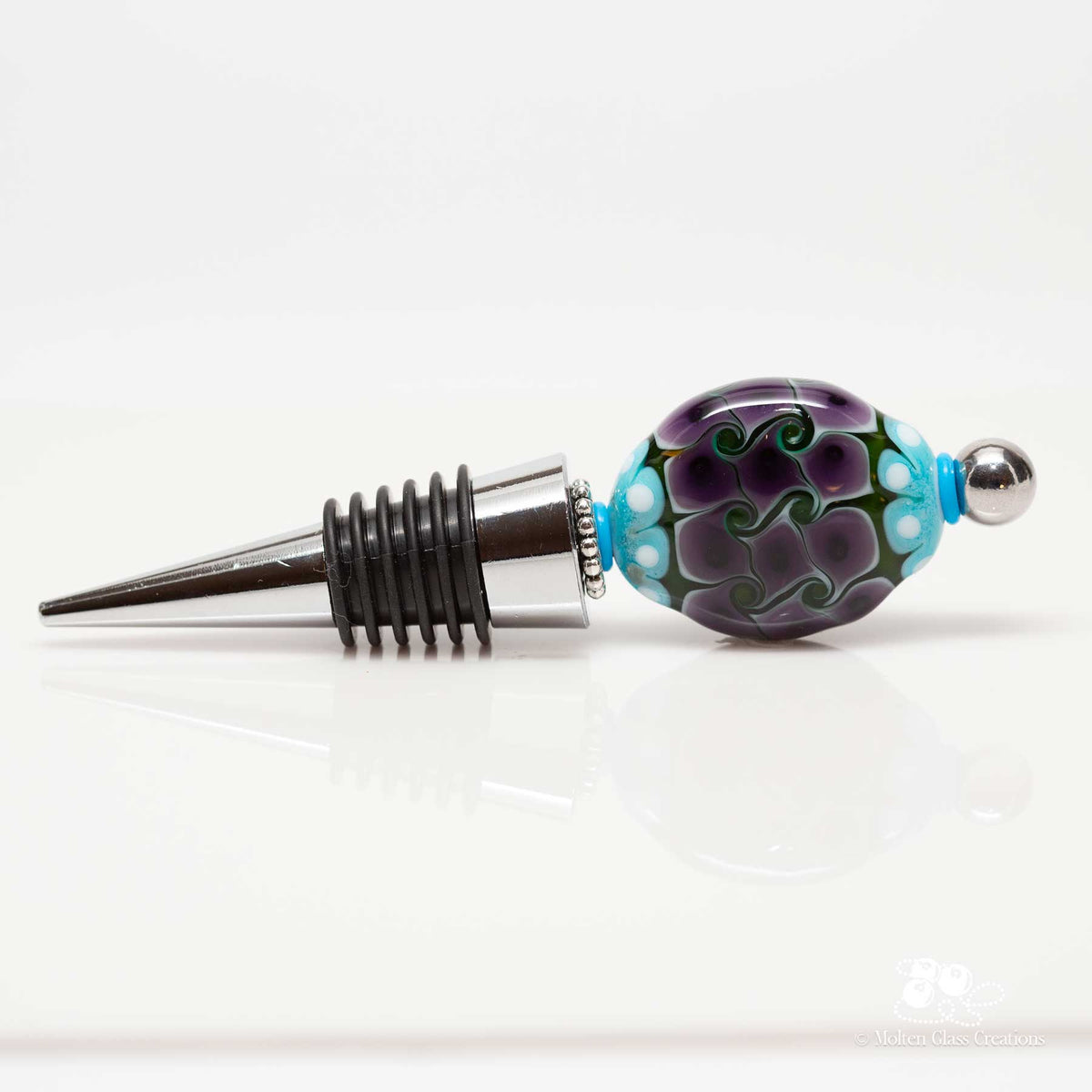 handmade glass bead wine bottle stopper with purple twists