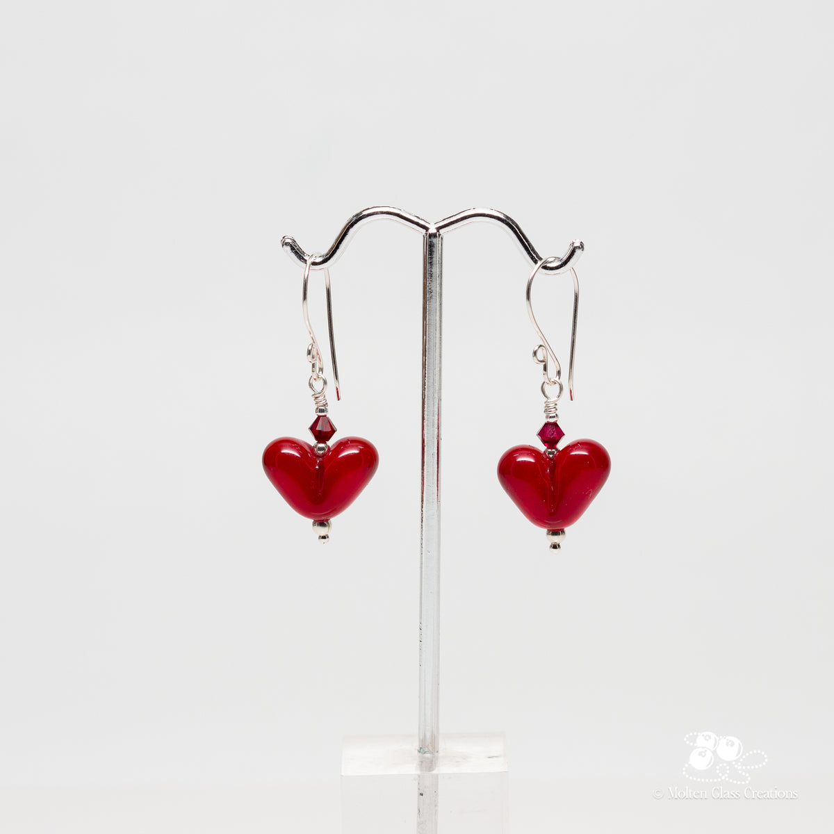 deep red heart shaped glass bead earrings
