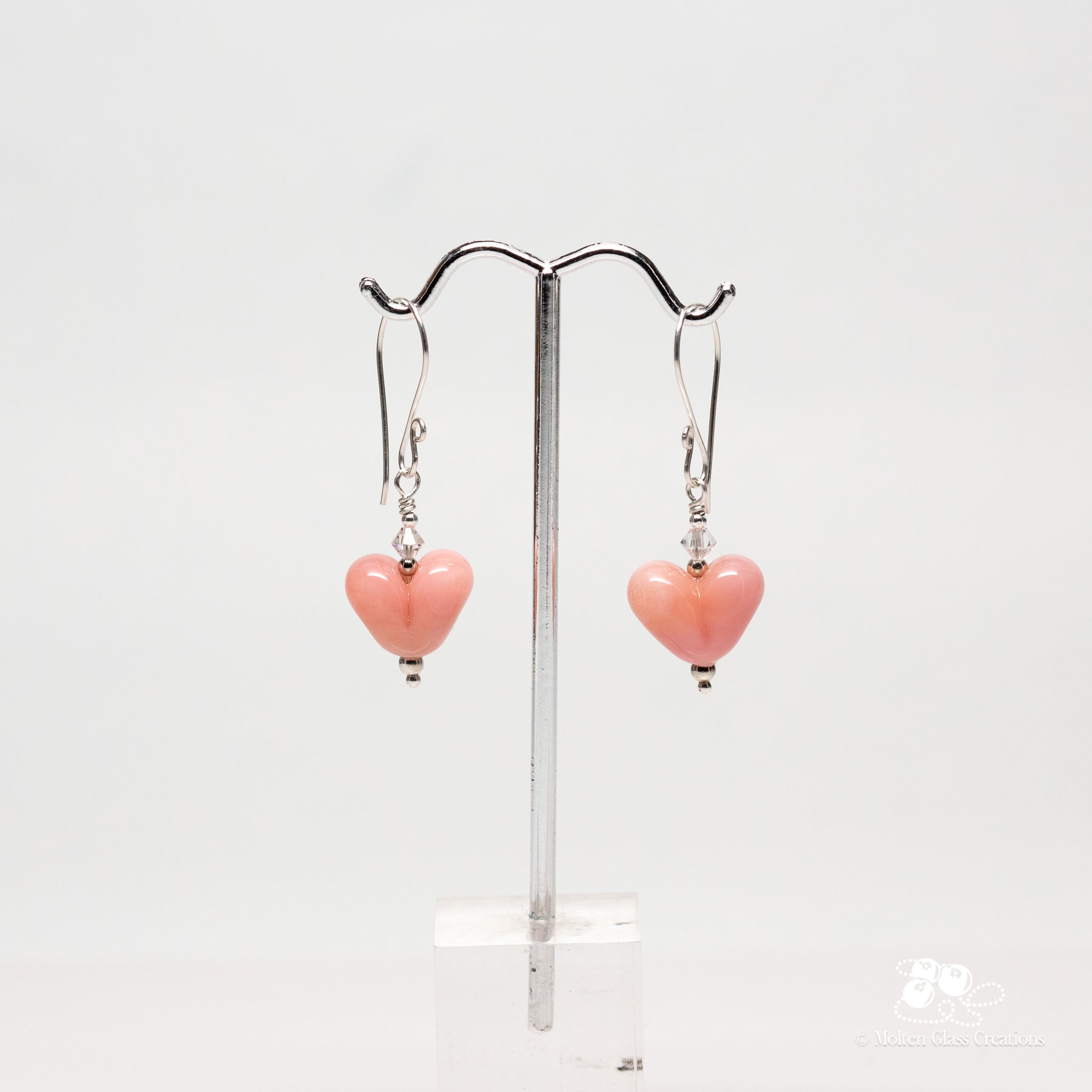 opaque pink glass heart earrings