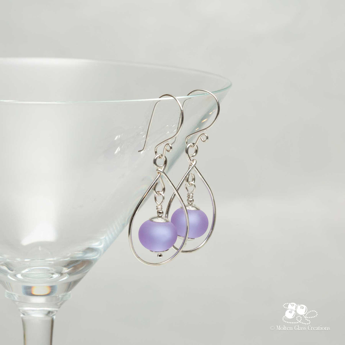 Glass and Silver Teardrop Earrings Lavender