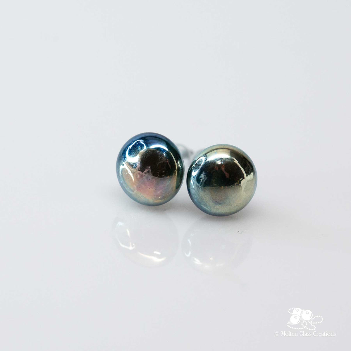 Glass Stud Earrings - Metallic Green