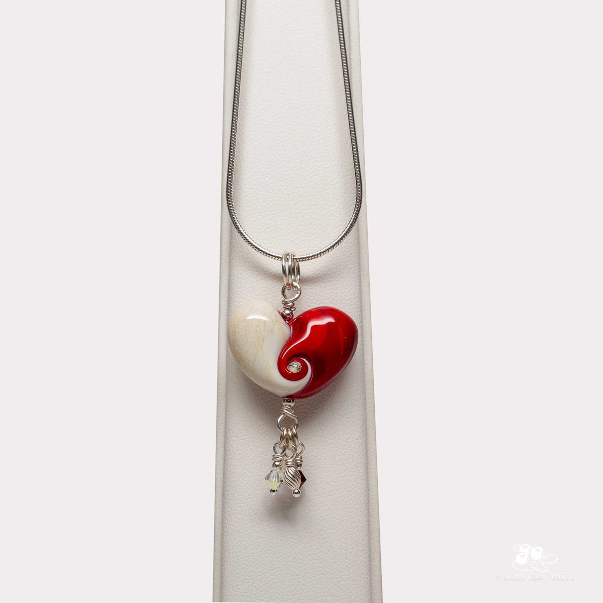Red &amp; Ivory Swirl glass heart necklace