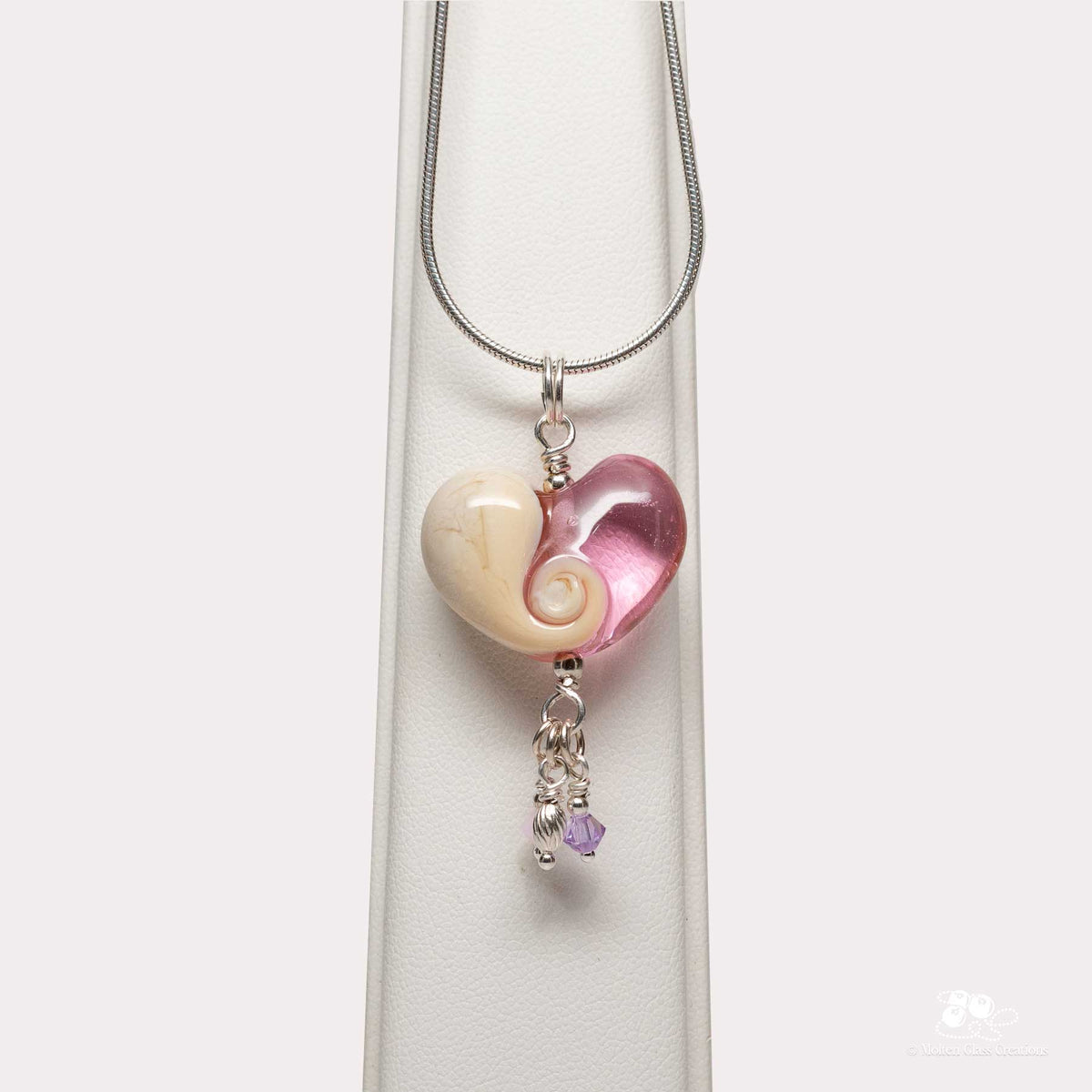Pink and Ivory Swirl glass heart necklace