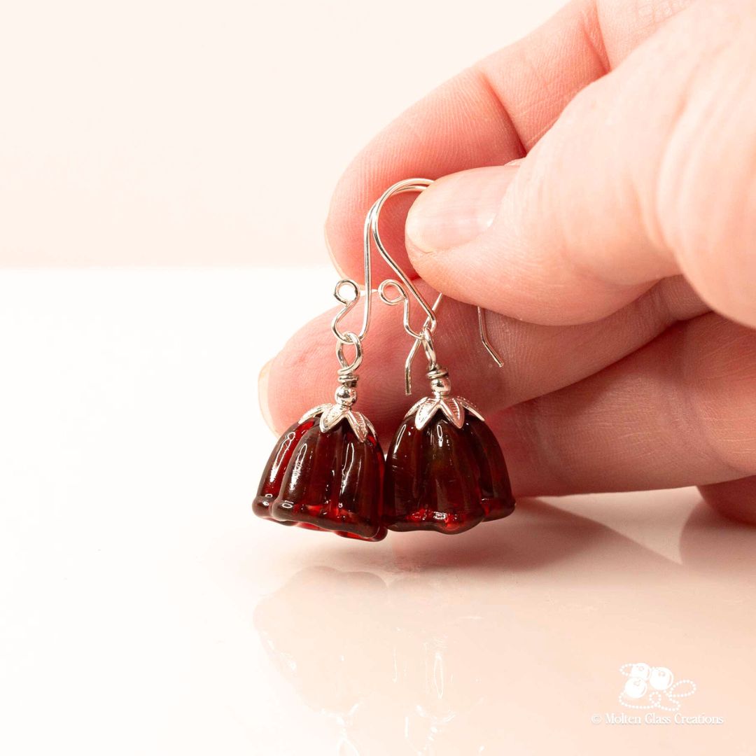 Dark Red Bell Flower Glass Earrings