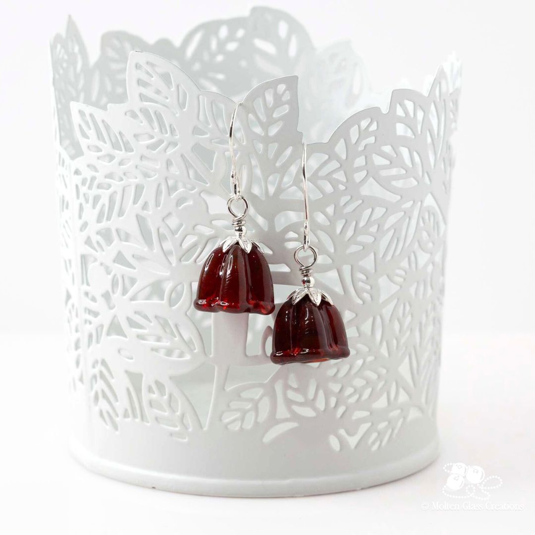 Dark Red Bell Flower Glass Earrings