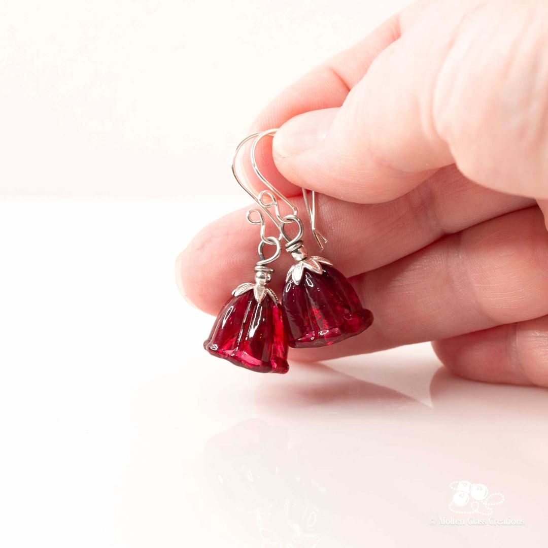 Ruby Red Bell Flower Glass Earrings