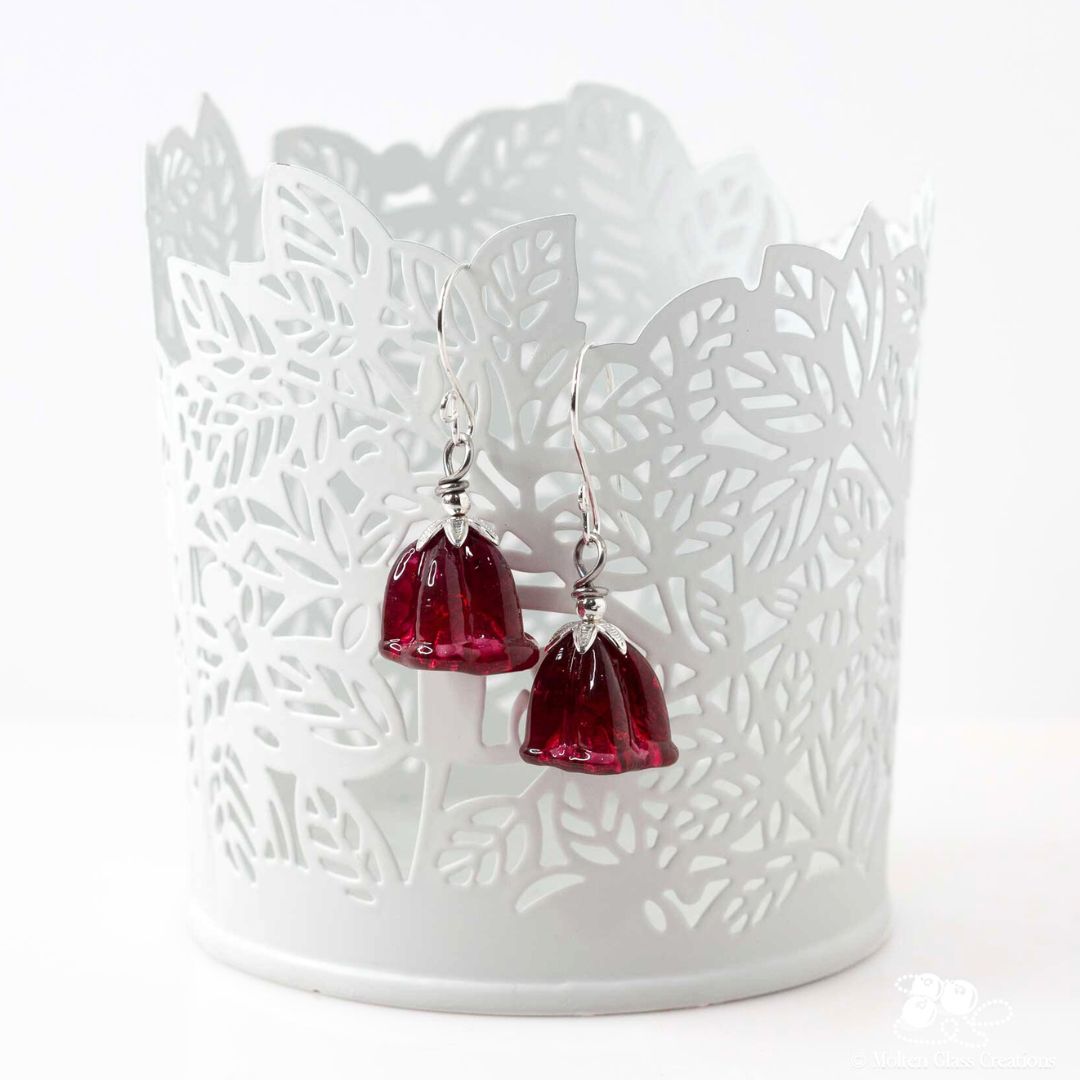 Ruby Red Bell Flower Glass Earrings