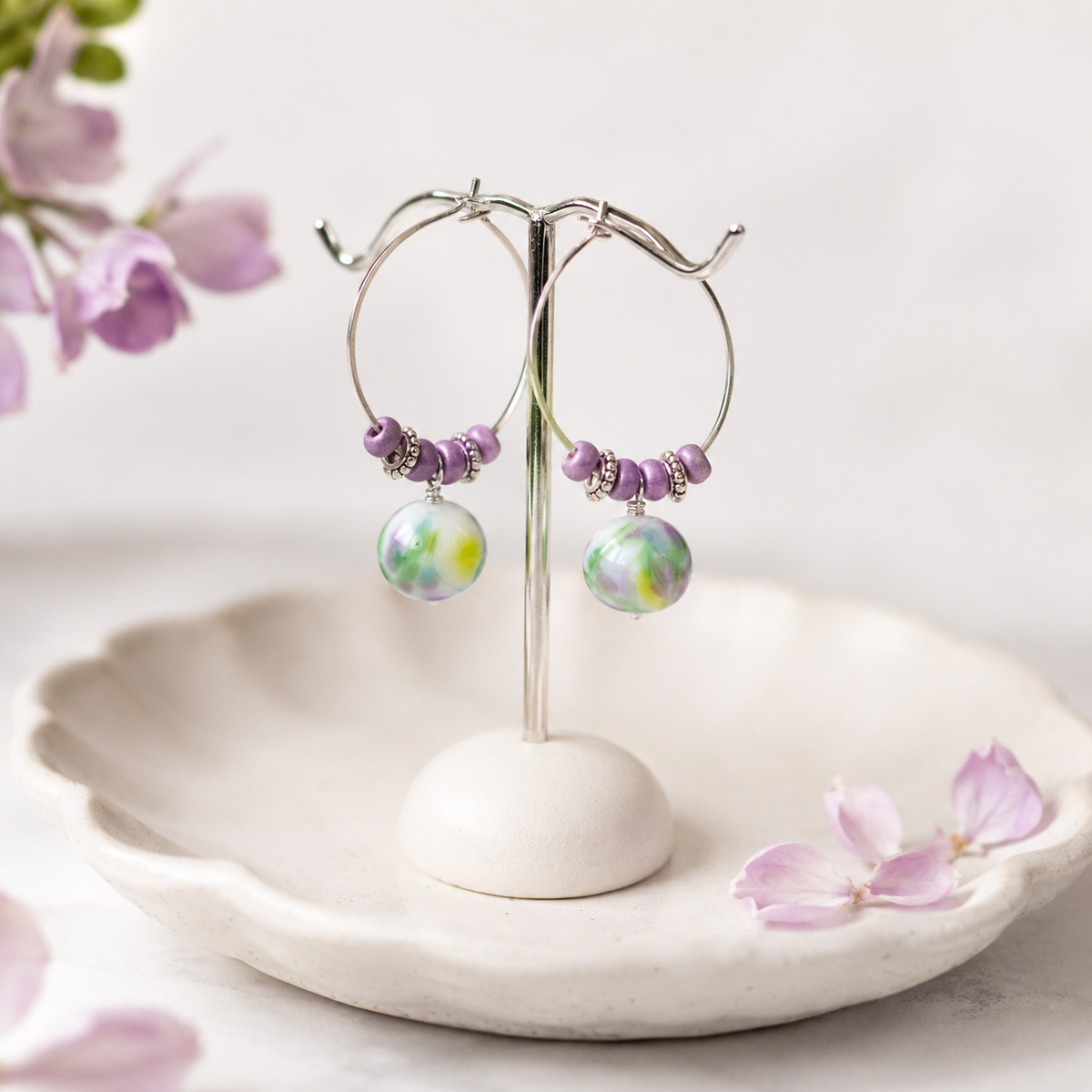 Purple & Green Lampwork Hoop Earrings