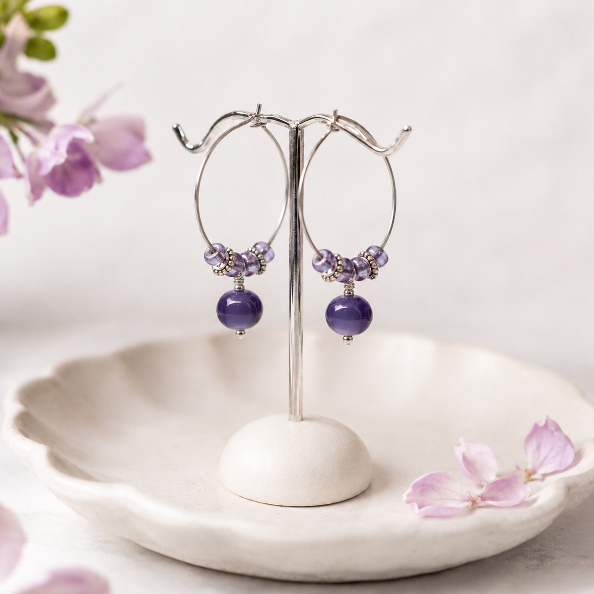 Purple Lampwork Hoop Earrings