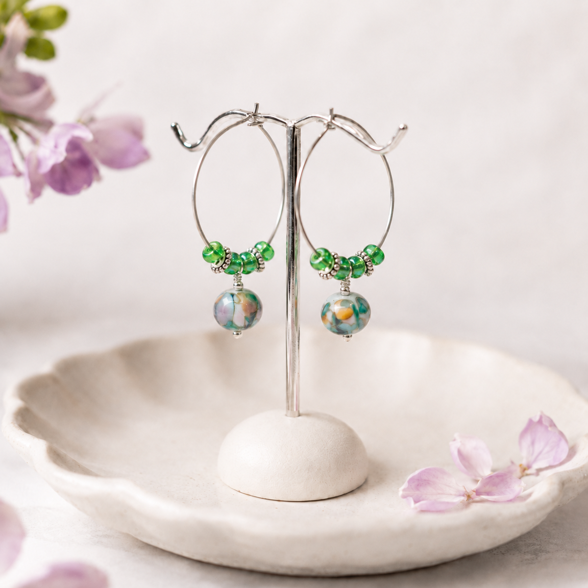 Green Lampwork Hoop Earrings