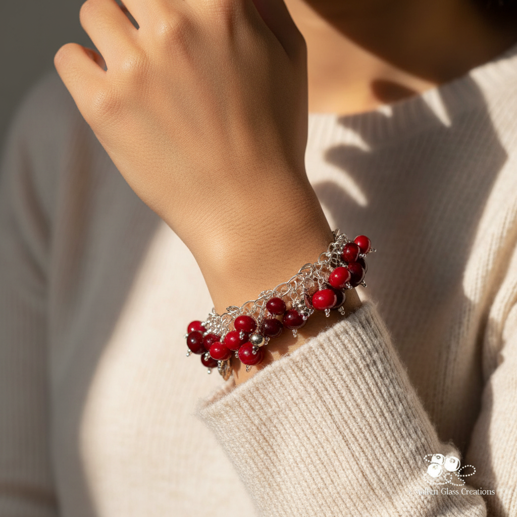 Lifestyle image of Red Glass Bead Bracelet on woman's wrist