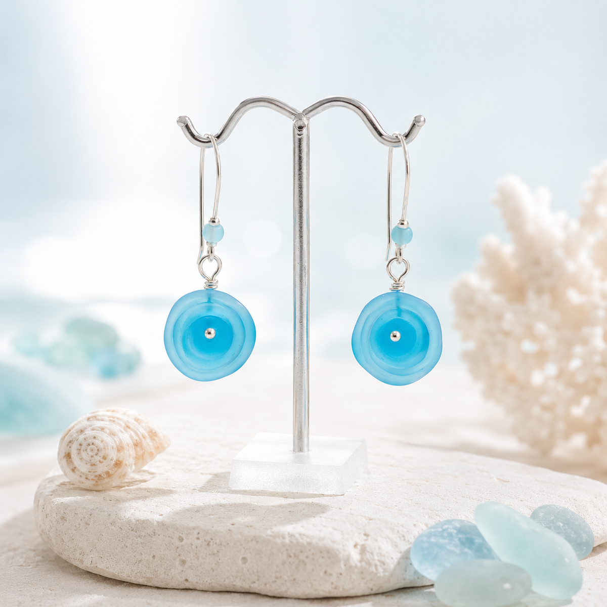 Blue Sea Glass Disc Earrings