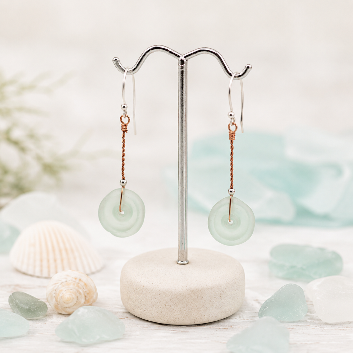 Pale Green Sea Glass Disc Earrings