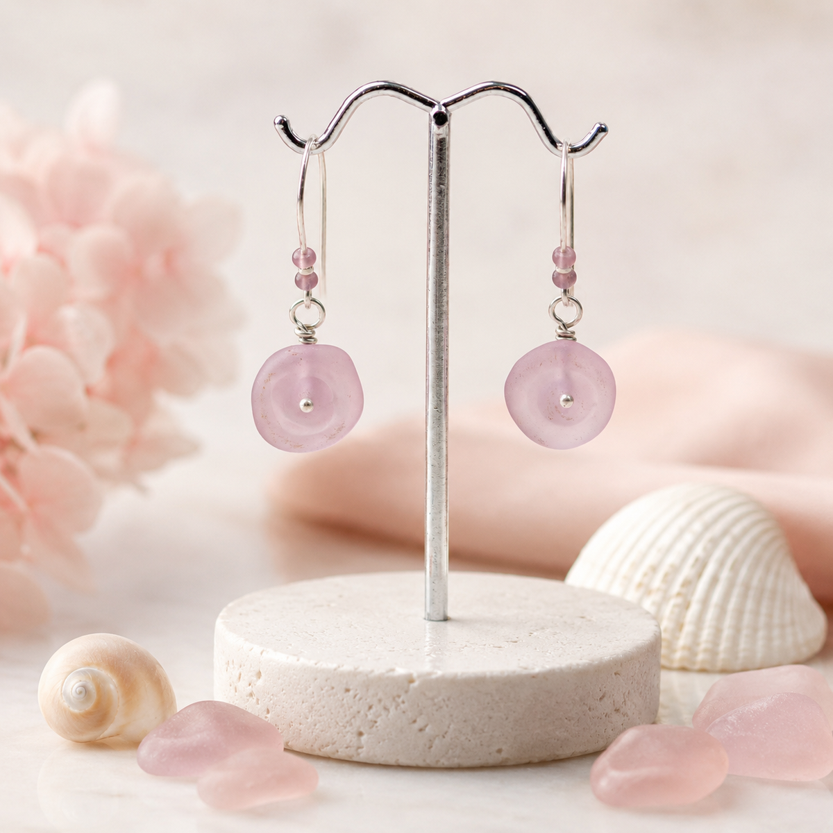 Pale Lavender Sea Glass Disc Earrings