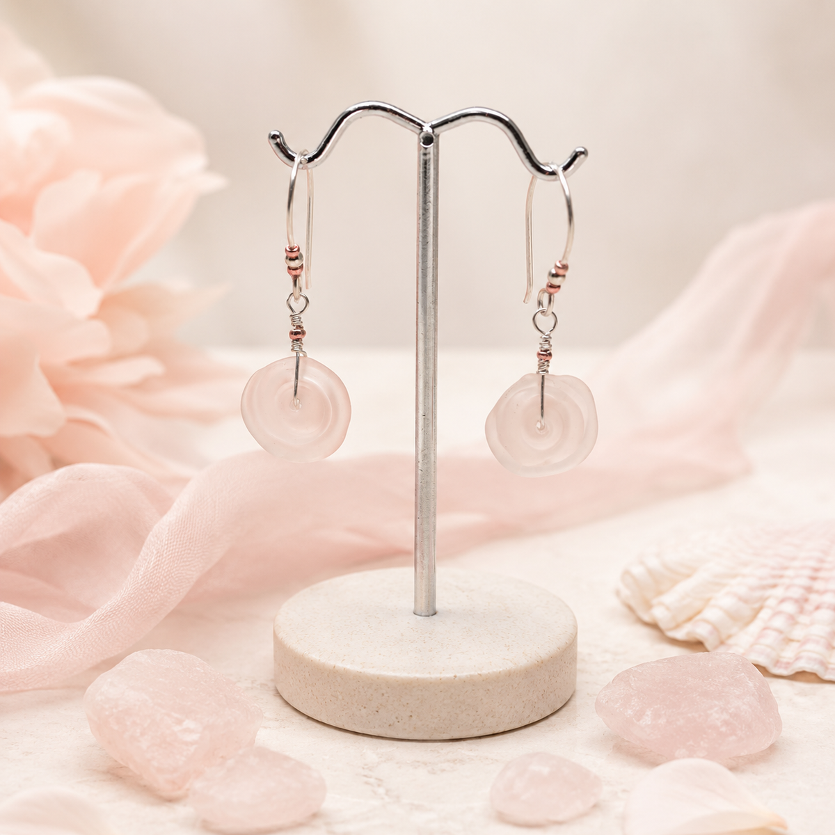 Pale Pink Sea Glass Disc Earrings