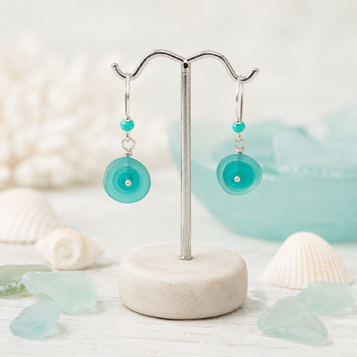 Light Teal Sea Glass Disc Earrings