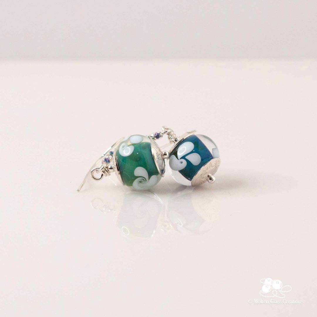 Blue Green Pinwheel Glass Bead Earrings