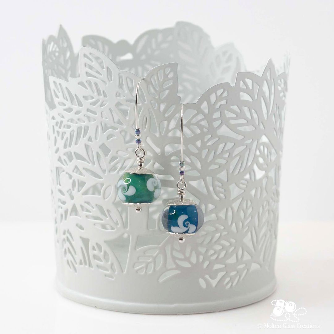 Blue Green Pinwheel Glass Bead Earrings