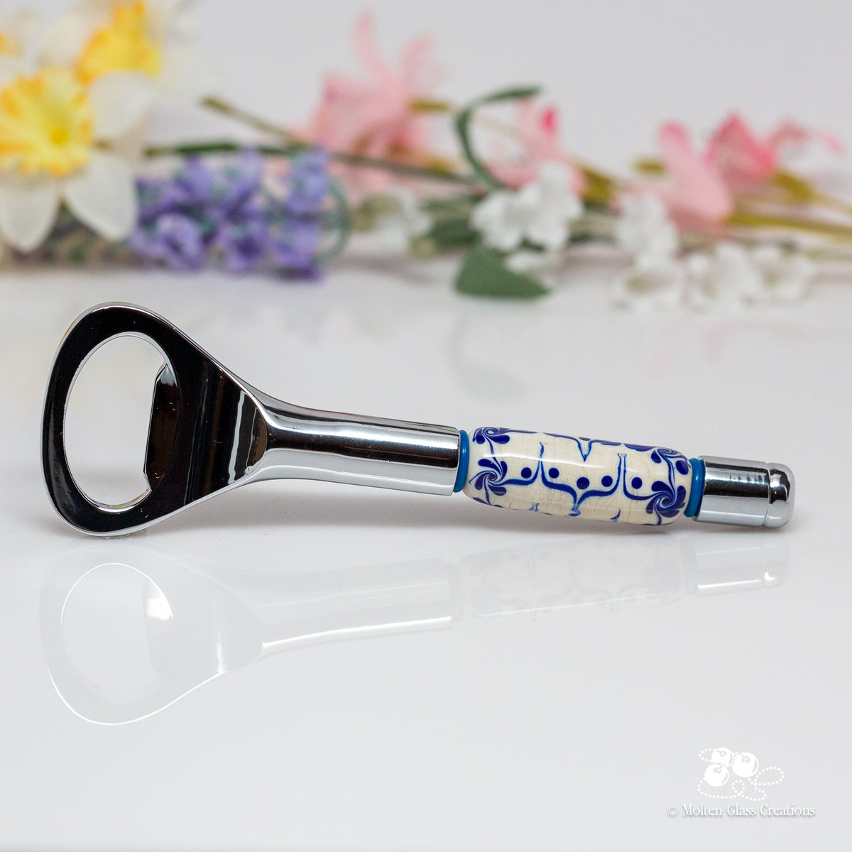 Bottle Opener - Dark Blue/Ivory - Molten Glass Creations