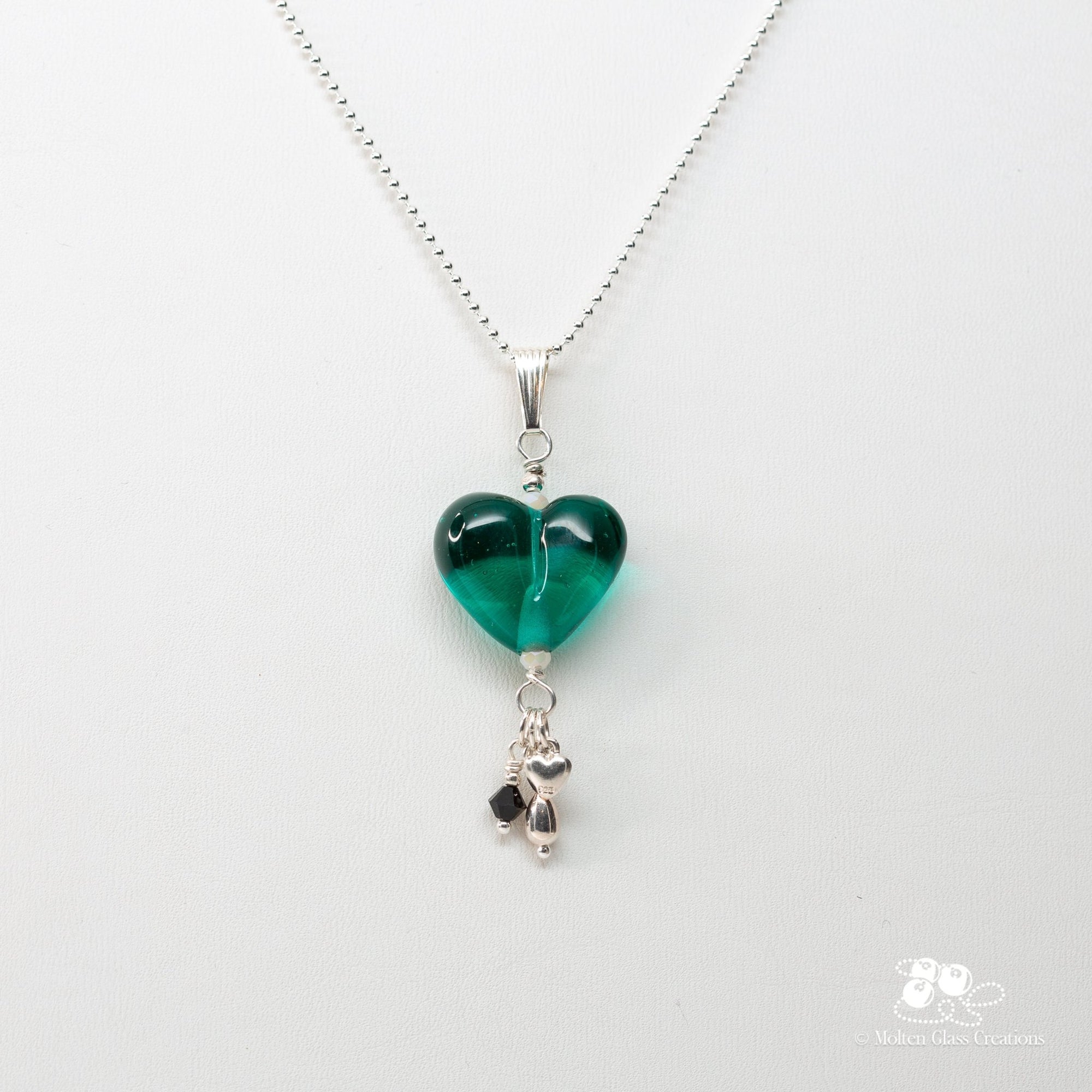 Elegant Teal Glass Heart Necklace - Molten Glass Creations