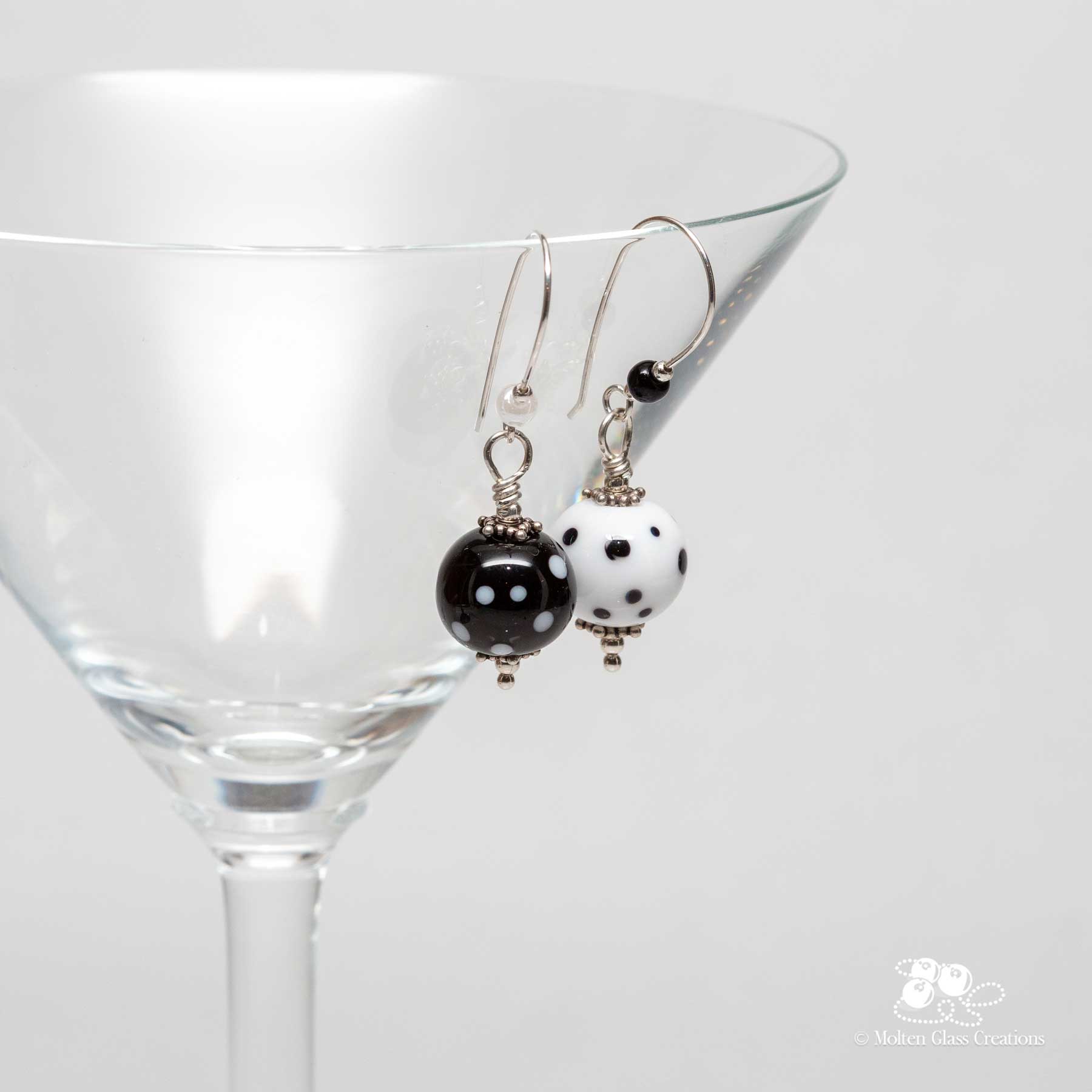 Mismatched Black & White Polka Dot Earrings - Molten Glass Creations