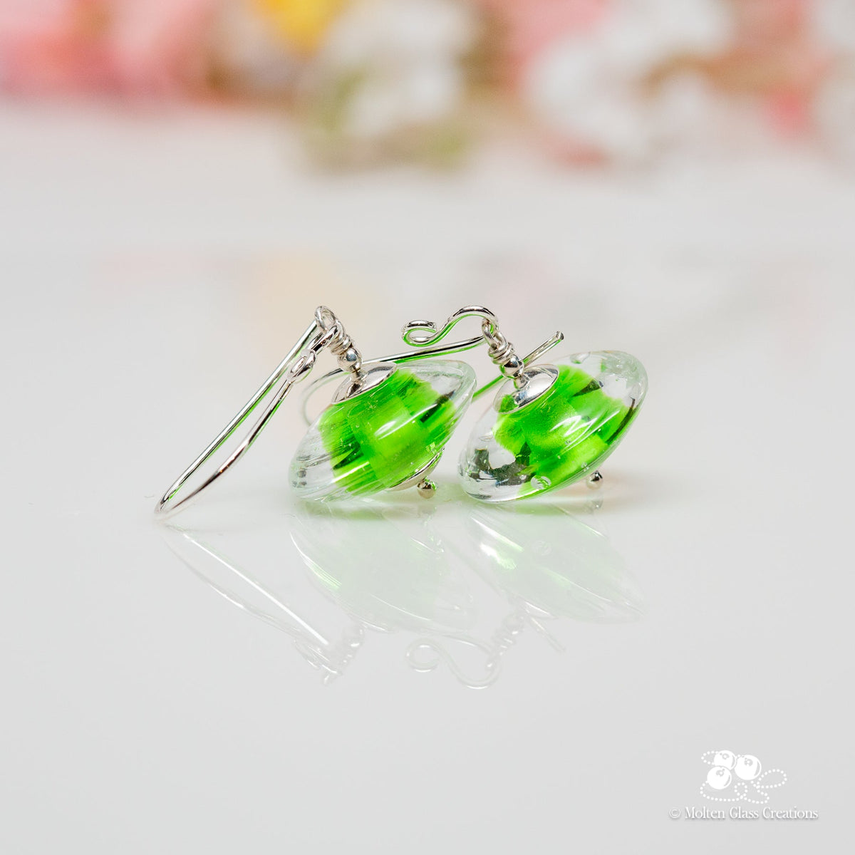 Pale Green Gemtone Disc Earrings - Molten Glass Creations