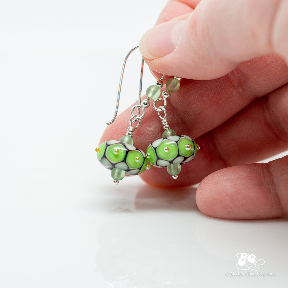 Pale Green &amp; Yellow Dot Earrings - Molten Glass Creations