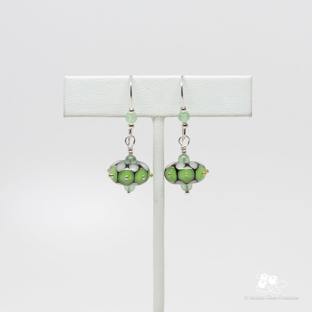 Pale Green &amp; Yellow Dot Earrings - Molten Glass Creations