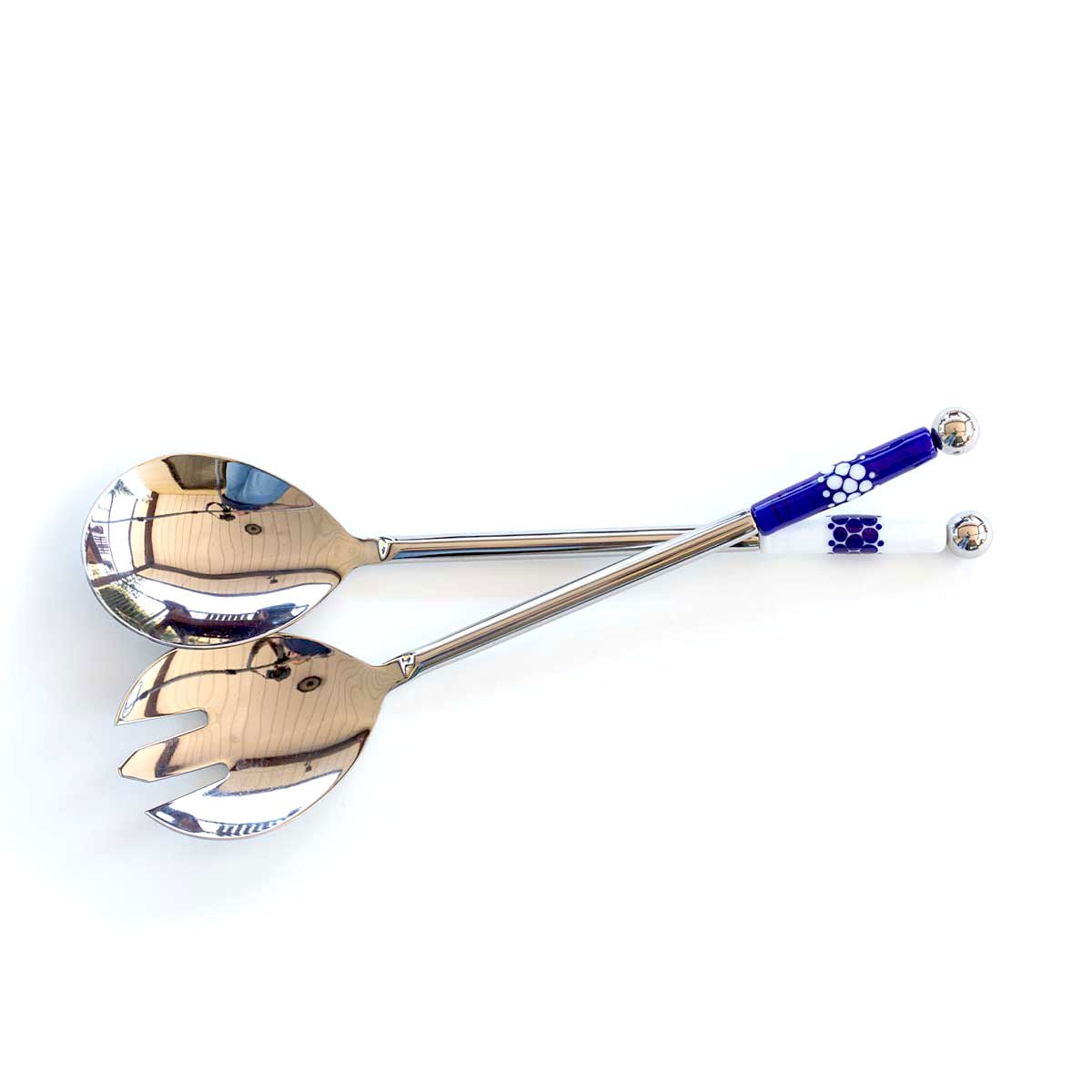 Salad Serving Set - Blue &amp; White Dots - Molten Glass Creations