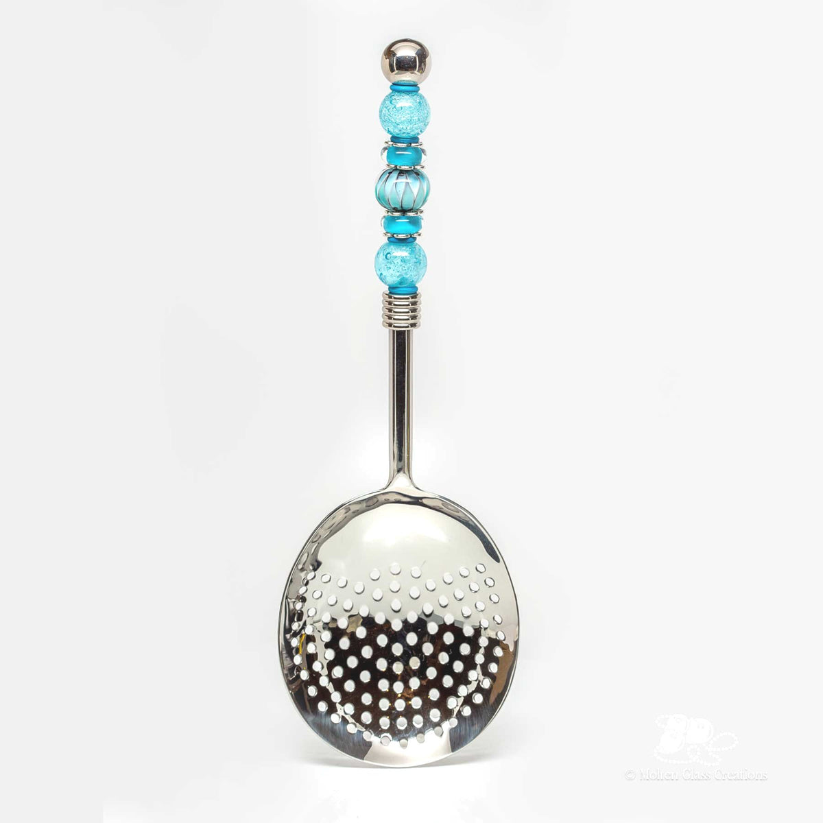Vegetable Strainer Spoon - Blue Bead Handle - Molten Glass Creations
